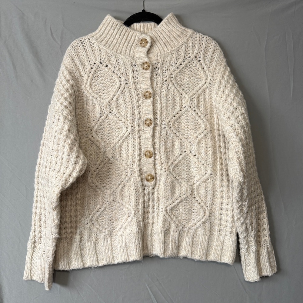 American Eagle Womens Cable Knit Oversized Pullover Sweater S Cream Cabincore